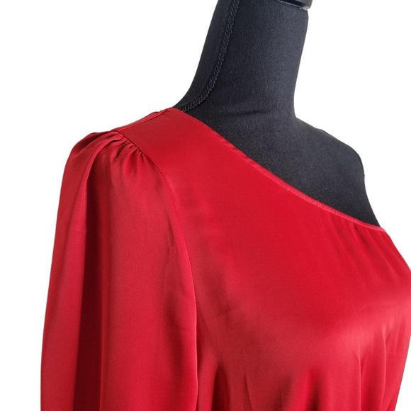 WOMEN'S SATIN ELEGANT OCCASION CHERRY RED MAXI DRESS ASYMMETRICAL - Picture 6 of 11